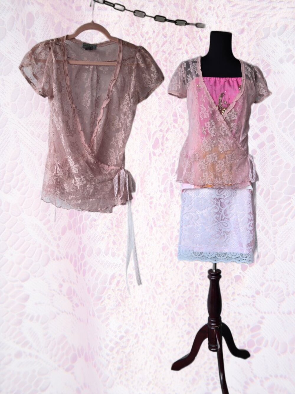 Vtg Y2k Rose Pink Lace Crossover Short Sleeved Cardigan - Small - Med Coquette